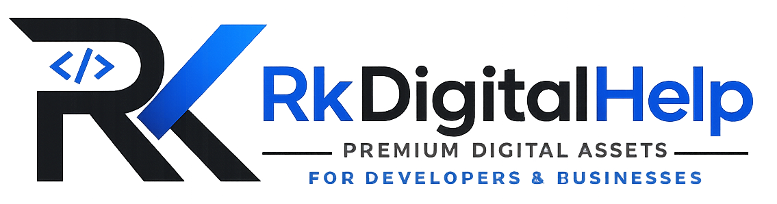 A digital logo for 'RkDigitalHelp' featuring a stylized black and blue 'RK' monogram with a code bracket symbol, alongside the text 'RkDigitalHelp' and 'PREMIUM DIGITAL ASSETS FOR DEVELOPERS & BUSINESSES' on a plain white background.